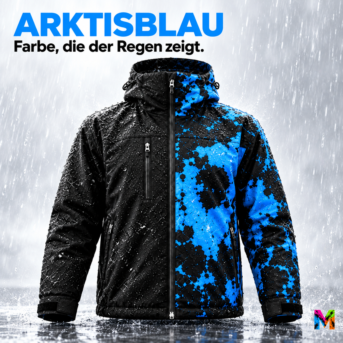 Regenjacke, die bei Nässe Farbe zeigt