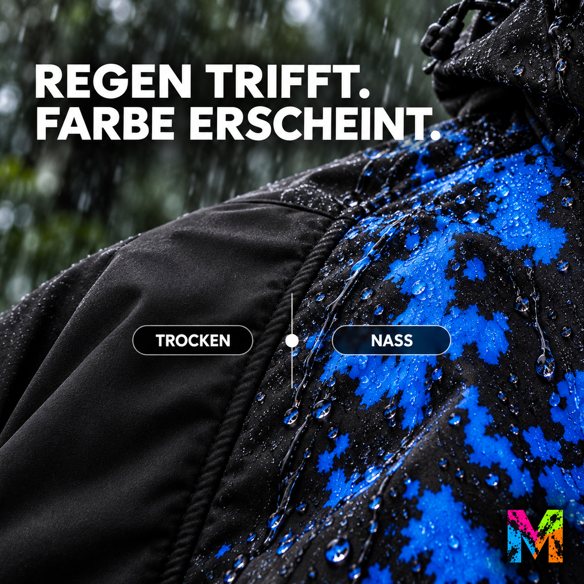 Regenjacke, die bei Nässe Farbe zeigt