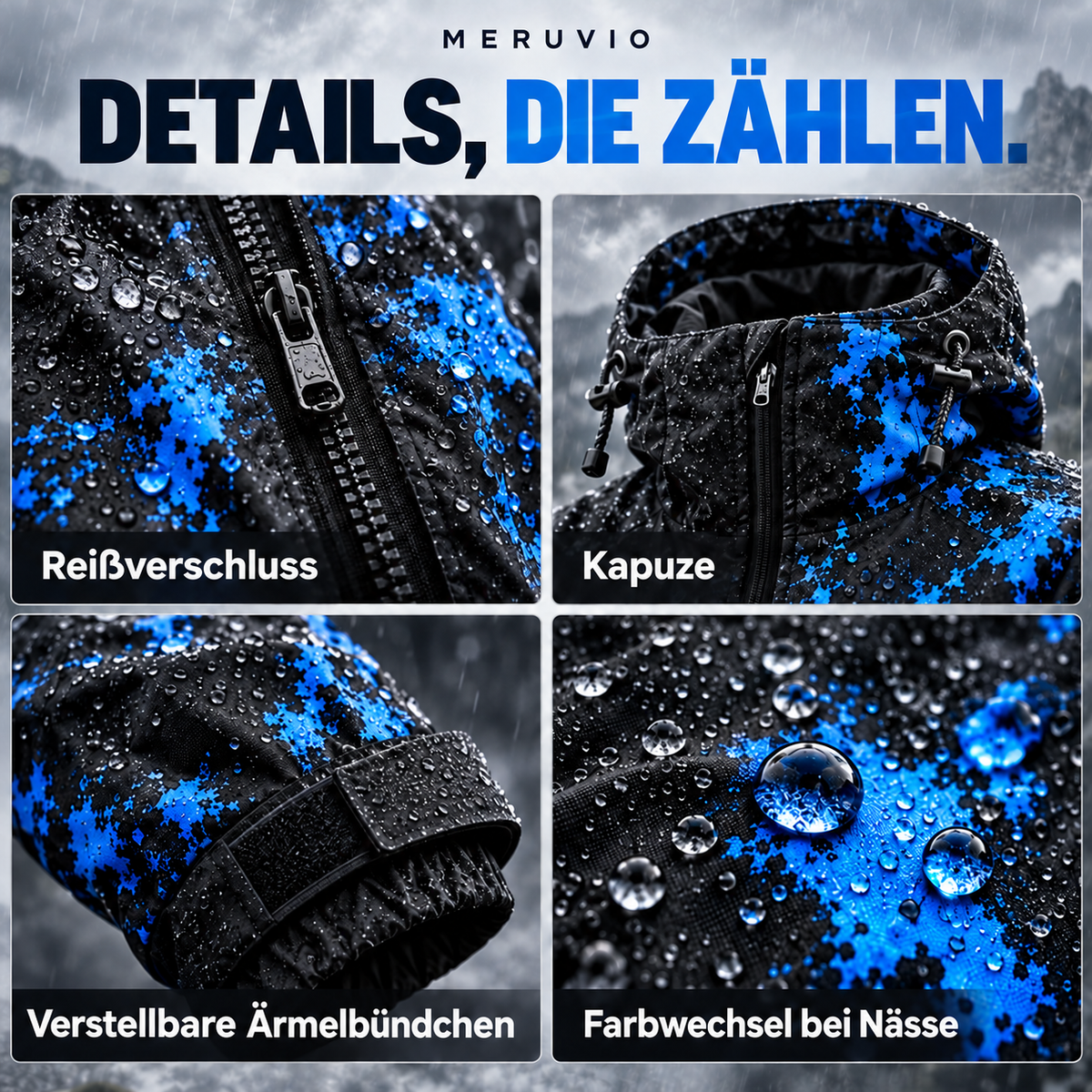 Regenjacke, die bei Nässe Farbe zeigt